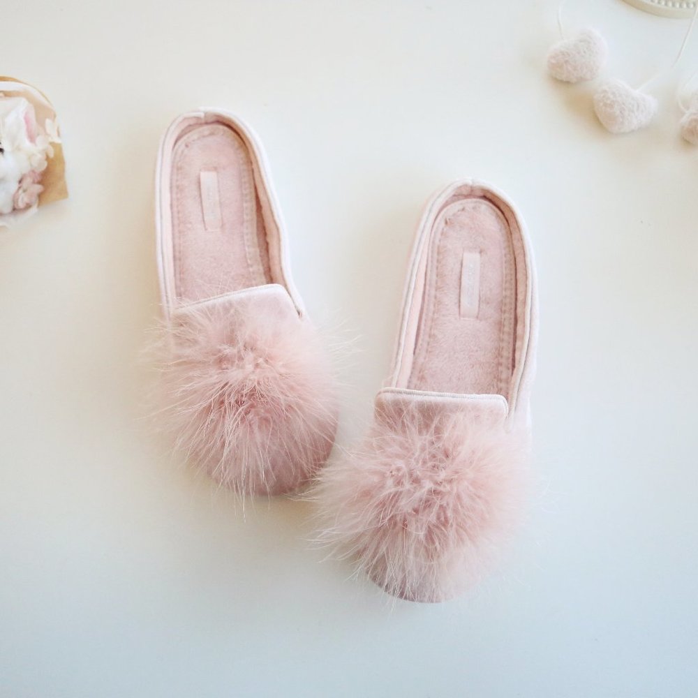 Feather Puff Velvety Loafer House Slipper, Pink